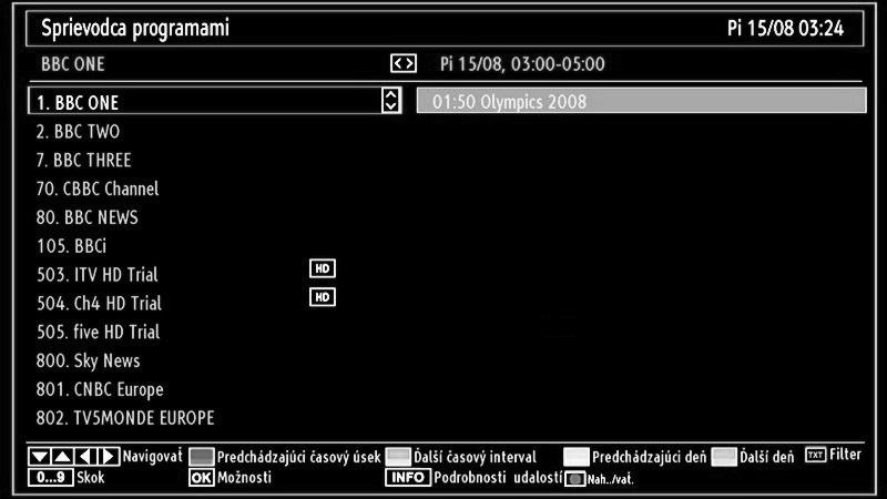 EPG menu zobrazí dostupné informácie o všetkých kanáloch. Prosím, berte na vedomie, že tieto informácie sú automaticky aktualizované.