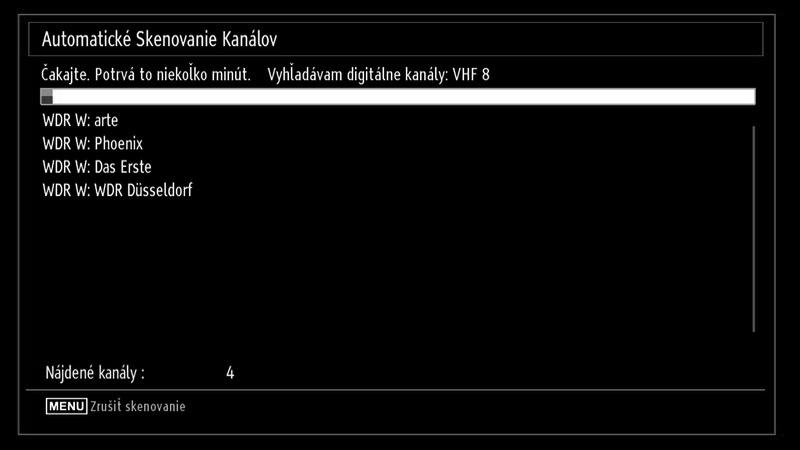 Stlačením tlačidla OK na diaľkovom ovládači pokračujte a na obrazovke sa zobrazí nasledujúca správa: Inštalácia Stlačte tlačidlo MENU a vyberte Inštaláciu pomocou tlačidiel a Stlačte tlačidlo OK a