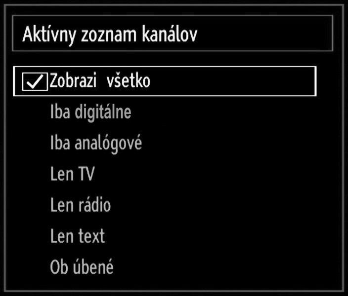 Spravovanie staníc: Triedenie v zozname kanálov Môžete si vybrať programy, ktoré sa majú uviesť v zozname kanálov.