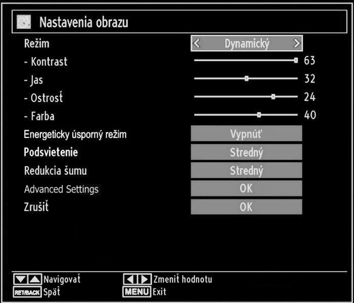 Položky v ponuke nastavení obrazu Režim: Pre vaše náhľadové požiadavky môžete nastaviť voľbu súvisiaceho režimu.