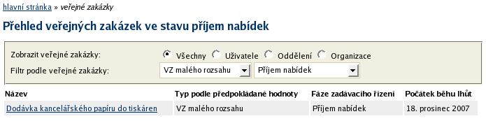 Pomocí položky menu Veřejné zakázky lze zobrazit přehledovou tabulku veřejných zakázek, v jejímž záhlaví je možné filtrovat veřejné zakázky podle předpokládané hodnoty a dle fáze zadávacího řízení.