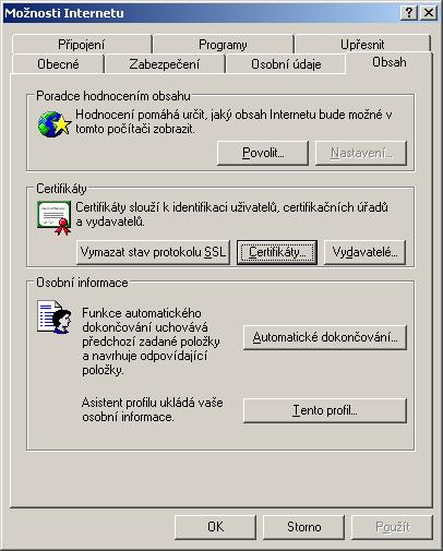 Obsah a v sekci Certifikáty pak stejnojmenné tlačítko. Certifikáty jsou opět rozděleny do několika záložek.