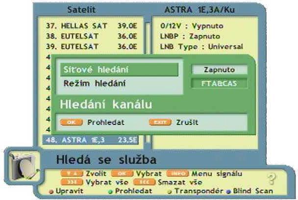 Po uložení kanálu opusťte MENU Pro nastavavení Vašeho přijímače stiskněte MENU a vyberte položku Instalace-Hledá se služba. Vyberte si satelit, který chcete prohledat a nastavte parametry vyhledávání.