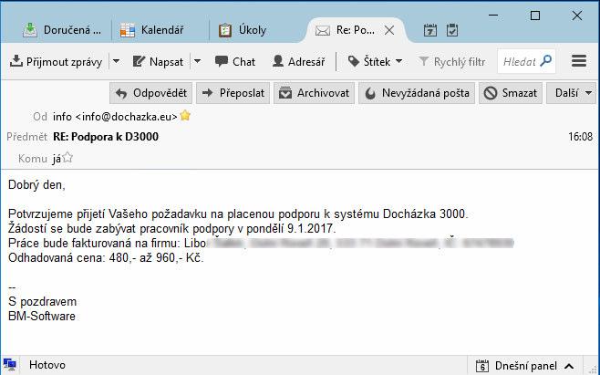 Jakmile přijde Váš požadavek na řadu, pracovník podpory nahraje vaši databázi na náš server s aktuální verzí docházky a provede analýzu popsaného problému.