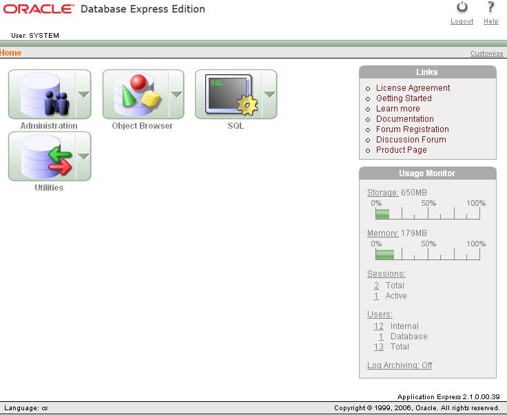 Jak vidíte v pravém dolním rohu obrázku č. 9, tak integrovaná verze Apexu 2.1.0.00.39. Aktuální verze dostupná z webu oracle.com je 4.0.2. Jak ji naistalovat se dozvíte v další kapitole. 7.