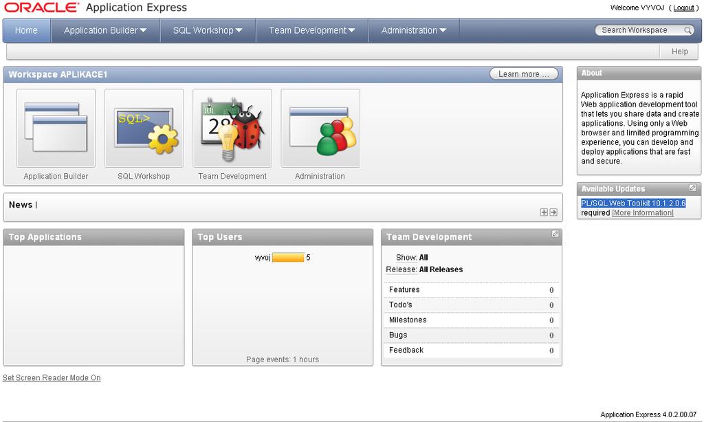 Dle [12] lze instalaci PL/SQL Web Toolkit 10.1.2.0.6 provést pomocí sqlplus (použití sqlplus viz kapitola Instalace) pomocí spuštění skriptu: @owainst.sql v adresáři C:\apex\owa. 8.