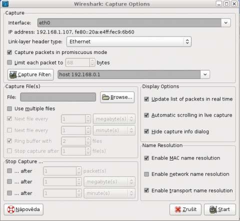 položky IP address 192.168.0.1 a předepsáním před tento výraz not vám automaticky Wireshark vyřadí z výpisu všechny pakety příchozí nebo odchozí od 192.168.0.1 (pro ty kdo nečetli první článek).