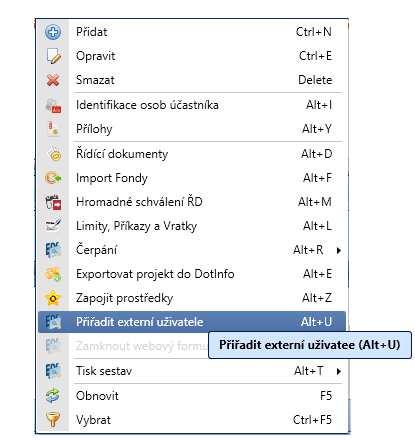 AGENDA PROJEKTY WEB Vzorová akce Obrázek 37 Přiřadit externího uživatele Zamykání projektů nebude automatické, pokud