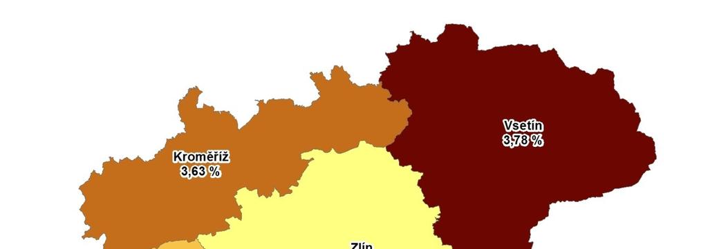 3. MAPA Podíl nezaměstnaných v okresech