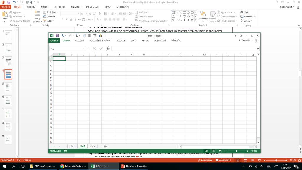 Rychlá práce v MS Excel ve Windows Práce s pásem karet Pás karet je horní část okna Excel s ikonami seřazenými do jednotlivých karet. 1.