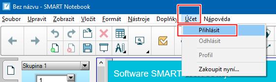 Postup opětovného přihlášení k Účtu SMART: 1. V software SMART Notebook v menu Účet klikněte na položku Přihlásit. 2.