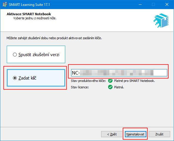 Máte-li při instalaci k dispozici platný klíč licence ročního předplatného, zvolte položku Klávesa Enter a produktový klíč vložte do prázdného pole klíč bude online ověřen a výsledek bude zobrazen