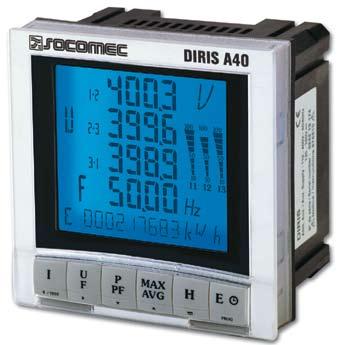 DIRIS A40 DIRIS A41 Měření parametrů sítě DIRIS A40 1. LCD displej s možností podsvícení. 2. Tlačítko pro volbu režimu zobrazení proudů. 3. Tlačítko pro volbu režimu zobrazení napětí a frekvence. 4.