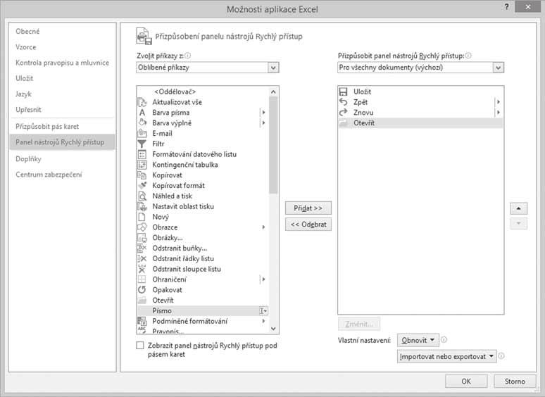 Při práci s panelem Rychlý přístup je v levém rozvíracím seznamu jako výchozí nastavena volba Oblíbené příkazy. V levém velkém seznamu se tak zobrazí nejpoužívanější příkazy Excelu.