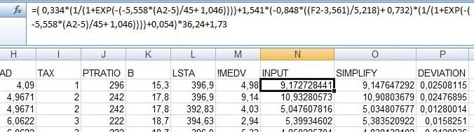 INPUT: MEDV=( 0.334*(1/(1+exp(-(-5.558*(CRIM-5.0)/45.0+ 1.046))))+1.541*(- 0.848*((AGE-3.561)/5.218)+ 0.732)*(1/(1+exp(-(-5.