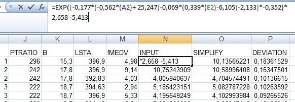 02)*(1/(1+exp(0.124*CRIM-1.664)))+0.054)*36.24+1.73 Obr. 17: Excel funkční test 2 INPUT: SIMPLIFY: MEDV=EXP((-0.177*(-0.