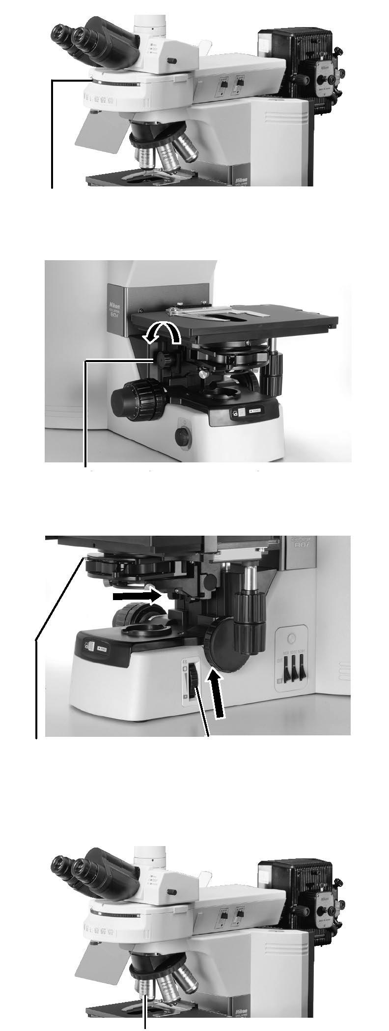 5. Otáčením nosičem filtrbloků umístěte do optické dráhy pozici bez filtrbloku. Otočný nosič filtrbloků nastavte do požadované polohy. 6. Zdvihněte kondenzor do nejvyšší polohy.