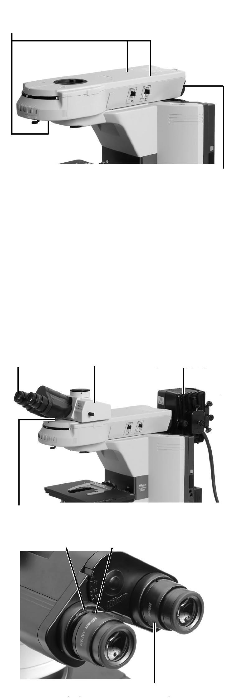 7. Instalace Epi-fluo nástavce (1) Umístěte Epi-fluo nástavec na rameno mikroskopu a zajistěte jej upínacím šroubem v předu na ramenu.