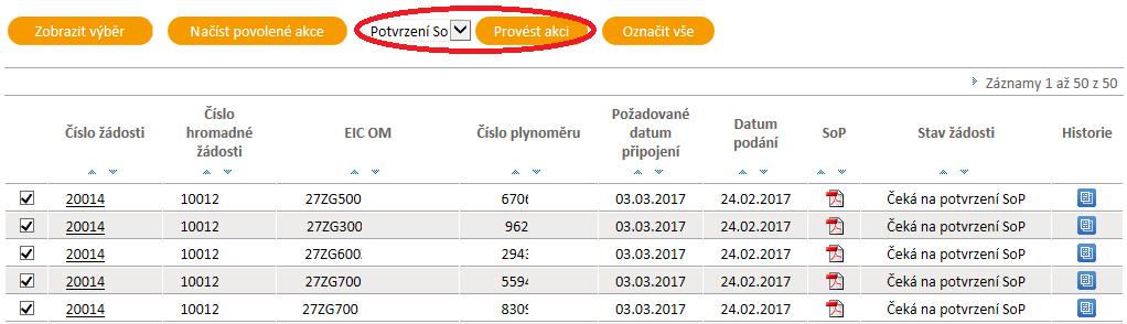 Vedle tlačítka se načtou všechny povolené akce, které lze s vybranými žádostmi v