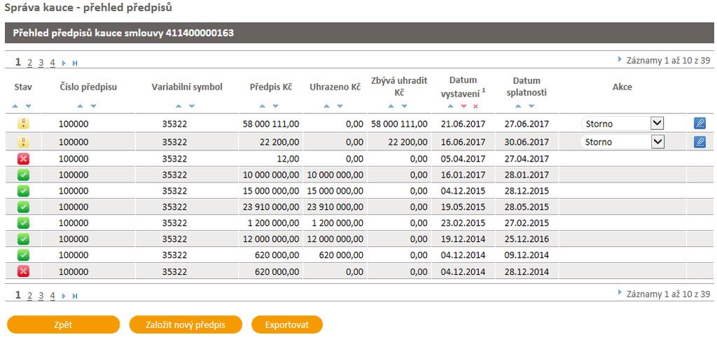 8.3.2 Přehled předpisů kauce Kliknutím na tlačítko uživatel přejde na obrazovku Kauce přehled předpisů, kde je zobrazen přehled a stav již založených předpisů kauce s možností založení nového