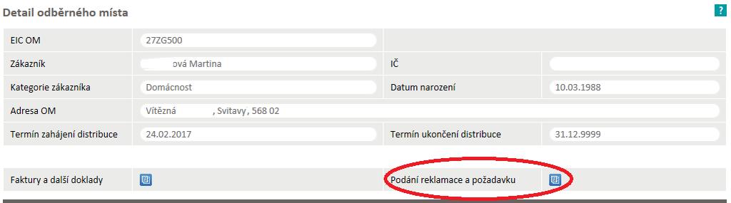 na ikonu vedle textu Podání reklamace a požadavku uživatel aplikace přejde do obrazovky pro Podání reklamace a požadavku Volba typu reklamace/požadavku.