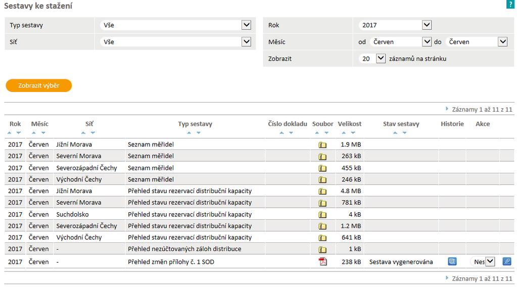11 Sestavy ke stažení Přehled sestav umožňuje uživateli prohlížet a stahovat sestavy zvoleného typu. Sestavy jsou uživateli k dispozici v termínech dle Řádu provozovatele distribuční soustavy.