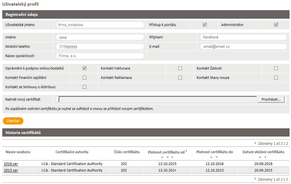 13 Uživatelský profil V rámci uživatelského profilu je možné zobrazit údaje uživatele evidované v IS PDS, historii certifikátu včetně možnosti vložení nového certifikátu.