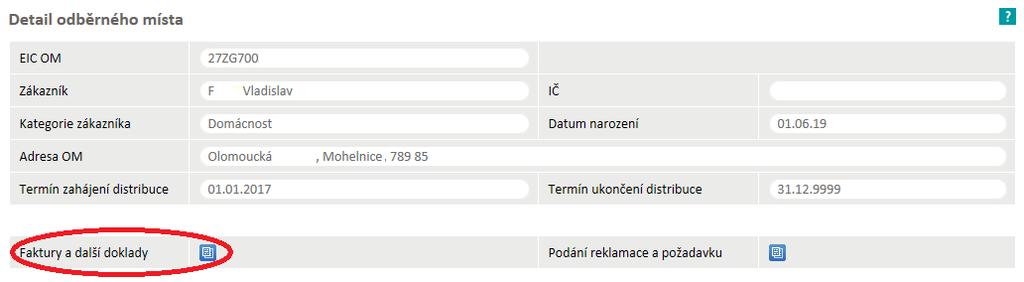 V části pro výběrová kritéria se automaticky předvyplní EIC OM a současně dojde k vyhledání všech faktur pro tento EIC kód OM.