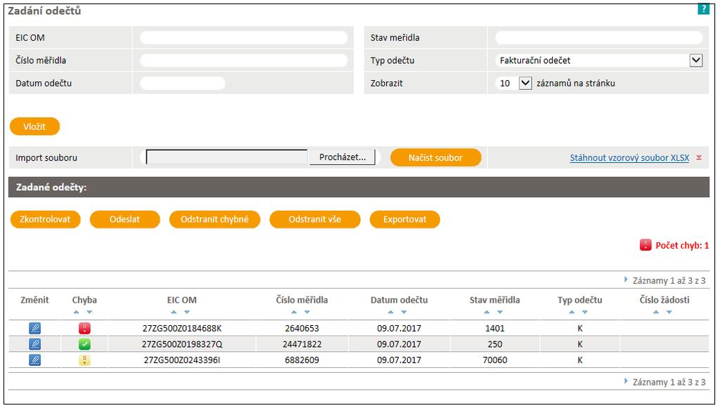 Nad přehledem zadaných odečtů je zobrazena informace o počtu načtených záznamů a počtu chybných položek. U každého odečtu v přehledu je v prvním sloupci uvedena ikona můžete odečet editovat.