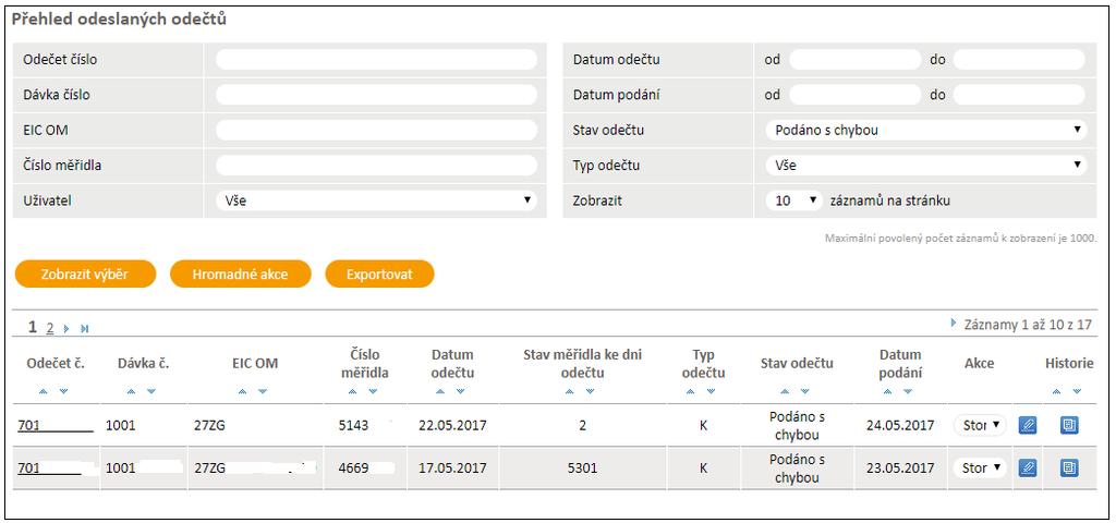 Tlačítko umožní uživateli aplikace exportovat data na obrazovce dle zadaných kritérií do souboru formátu XML Ve spodní části je pak zobrazen přehled odeslaných dávek.