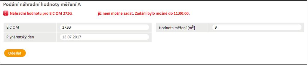 5.4 Podání náhradní hodnoty měření A Uživatel aplikace vyplní všechny údaje obrazovky Podání náhradní hodnoty měření A a stiskne tlačítko.