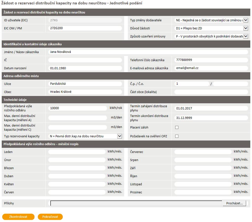 6.1.3.1.1 Rezervace distribuční kapacity na dobu neurčitou ID uživatele (EIC) - do žádosti se automaticky předvyplní EIC kód přihlášeného uživatele.