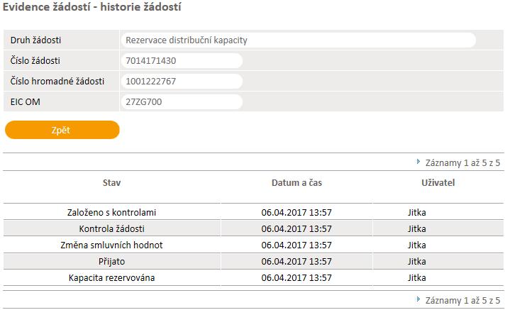 6.1.4.3 Zobrazení historie žádosti Kliknutím na ikonu ve sloupci Historie, se zobrazí historie zpracování žádosti včetně stavů, kterými žádost prošla.