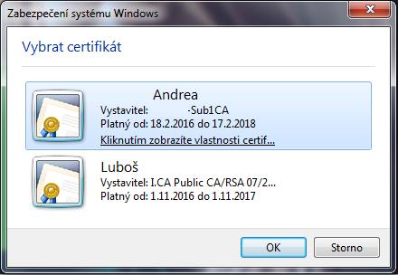 výběru klientského certifikátu.