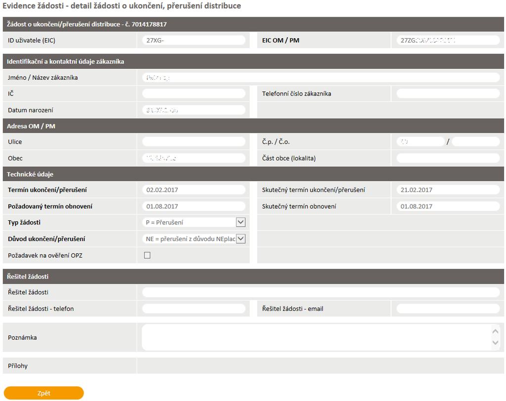 Řešitel žádosti jméno/telefon/email kontaktní osoba, která řeší danou žádost Poznámka - Pokud kvůli žádosti, která je v chybovém stavu (Podáno s chybou, Podáno čeká na potvrzení a Podáno čeká na