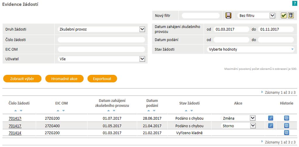 6.3.3 Evidence žádosti o zkušební provoz Evidenci žádostí doporučujeme používat po odeslání žádosti do IS PDS k prohlížení stavového řízení žádosti (viz. kapitola 6.3.1), k vyhledávání žádosti dle zadaných kritérií, ke stáhnutí výsledků žádosti, případně k provedení kroků, které vedou k úpravě žádosti, nebo stornování žádosti.