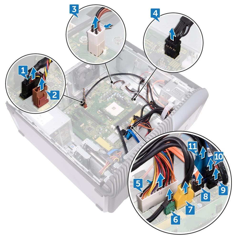 2 Odpojte kabel ventilátoru od základní desky. 3 Odpojte kabel napájení procesoru od základní desky. 4 Stisknutím jisticí svorky odpojte kabel desky tlačítka napájení ze základní desky.