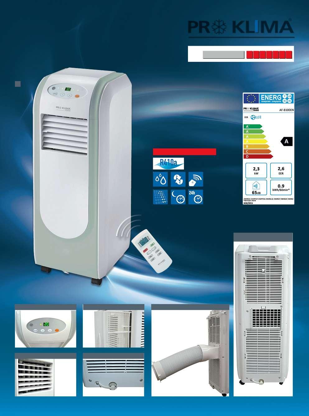 Mobilní klimatizace 1 1. Mobilní klimatizace PROKLIMA AF-8100EN* 8000 BTU, výkon chlazení 2,3 kw, funkce odvlhčování, ventilace, odložené zapnutí a vypnutí, vč.
