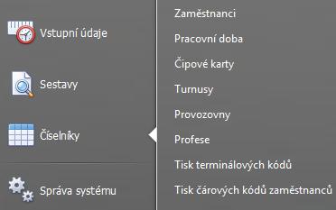 Číselníky V číselnících je možno přidávat, upravovat nebo mazat údaje v zaměstnancích, pracovní době, čipových kartách, turnusech, provozovnách nebo profesích.