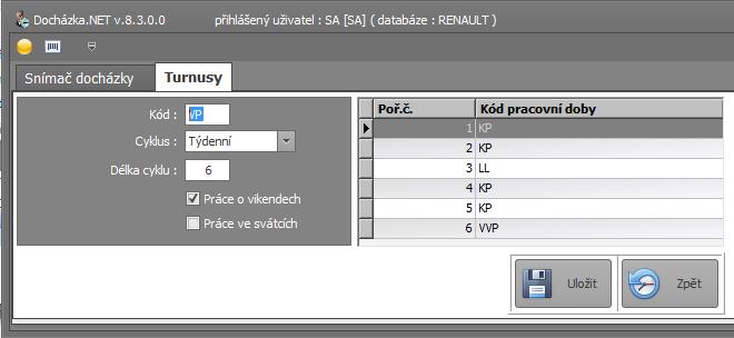 U turnusů je nutno nastavit cyklus (Denní/Týdenní) a délku cyklu turnusu a k jednotlivým dnum v týdnu nastavit přímo pracovní