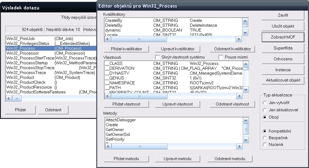 Třídy jsou psány v objektovém jazyce MOF (Managed Object Format), který je interpretovaný (dá se říct skriptovací). Většina komponent WMI (včetně tříd) je v adresáři...\system32\wbem.