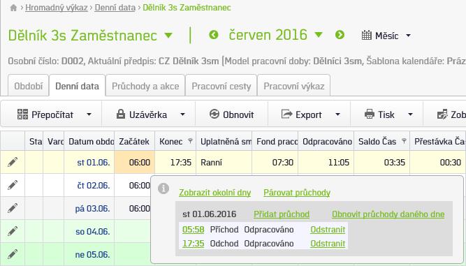 Saldo lze rovněž zadat zaměstnanci ručně u konkrétního dne editací položky Saldo Čas" nebo Odpracováno Čas".