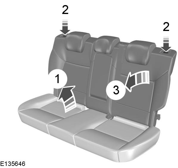 Sedadla Sklopení sedáku a opěradla zadních sedadel dopředu. UPOZORNĚNÍ Ujistěte se, že po zajištění sedadla západkami není vidět červený ukazatel. Snižte opěrky hlavy. Viz Opěrky hlavy (stana 115).