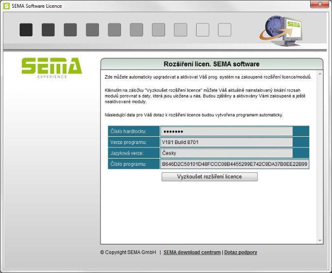 Tím je prověřen rozsah modulů aktuálně používané licence se SEMA databází.