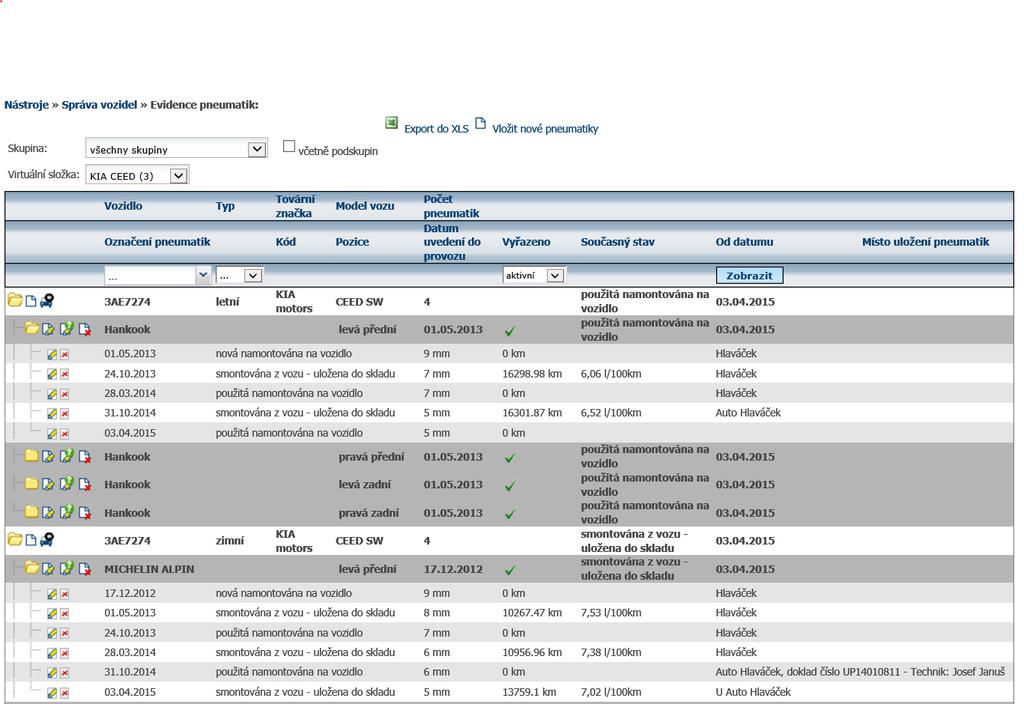 V nabídce je připraveno mnoho položek, které umožní zaznamenat veškeré potřebné detaily Vaší evidence pneumatik. Uložené údaje se uloží k vozidlu do složky.