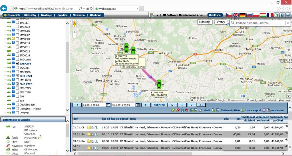 Vozidla jsou vykreslována na mapě včetně nejbližší minulosti (10 pozic z on-line sledování). 2.