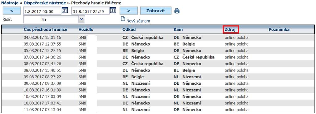 5.26 Přechody hranic řidičem Funkce pro ruční zadání přechodu hranic řidičem umožňuje přesnější vytváření podkladů diet.