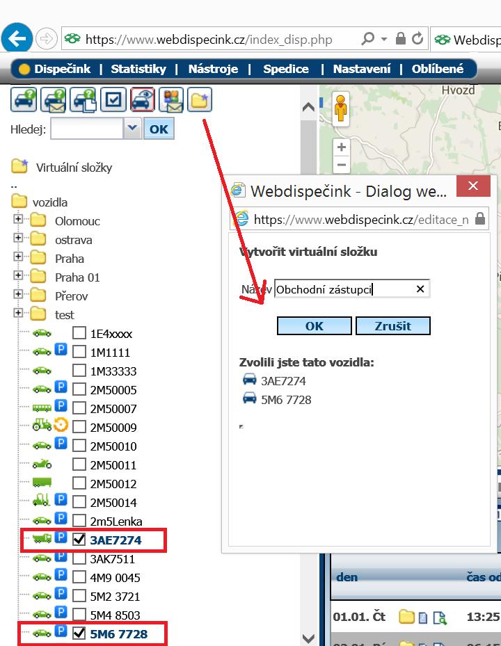 Stačí označit požadovanou skupinu vozidel (zatrhávací políčka) a stisknout ikonu Vytvořit virtuální složku.