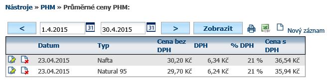 34 Průměrné ceny PHM Tato funkce umožňuje zadat průměrné ceny paliva v jednotlivých měsících s platností pro celou firmu. Na tuto hodnotu navazuje například výpočet u cestovních náhrad a příkazů.