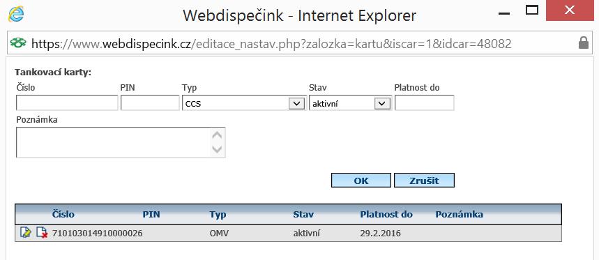 Upozornění: Před vyřazením vozidla je nutné smazat tankovací kartu, bude-li v budoucnu přidělena jinému vozidlu/uživateli, jinak by se tankování nahrálo k vyřazenému vozidlu. 6.2.